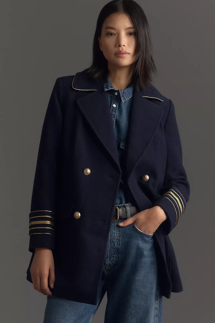 New Anthropologie Maeve Military Peacoat $198 SMALL Navy Double Breasted
